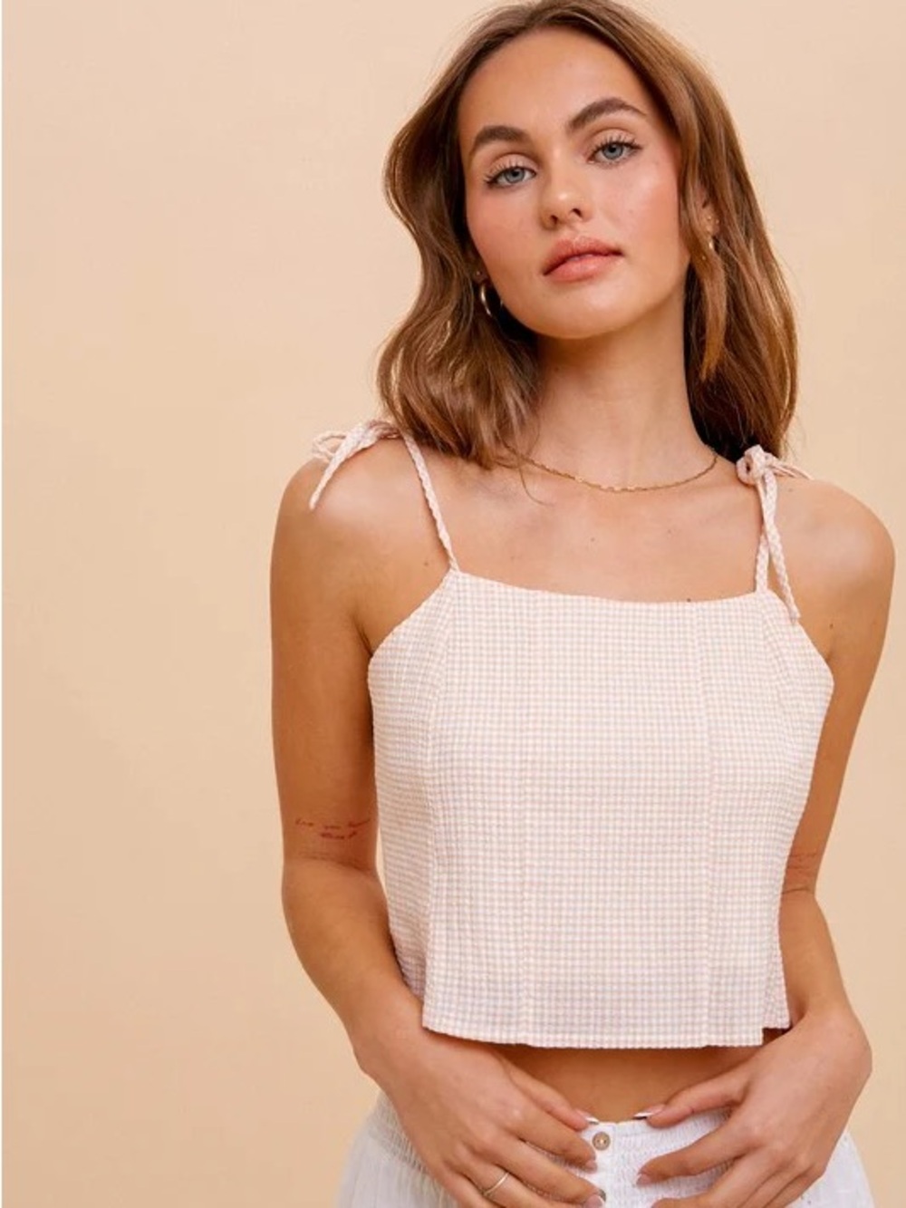 Tie-Shoulder Gingham Crop Tank Top Light Yellow Small